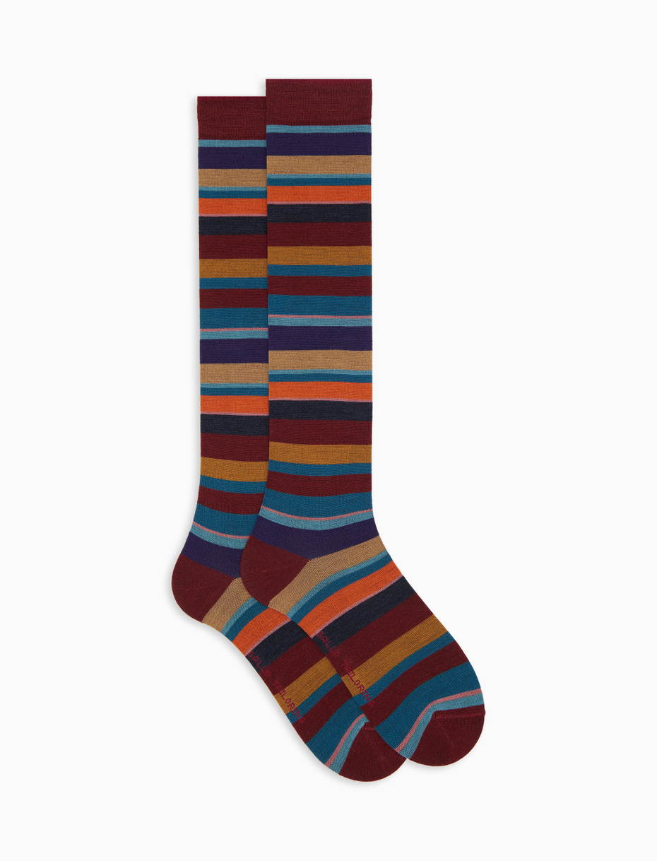 Men's long red wool socks with multicoloured stripes - Gallo 1927 - Official Online Shop