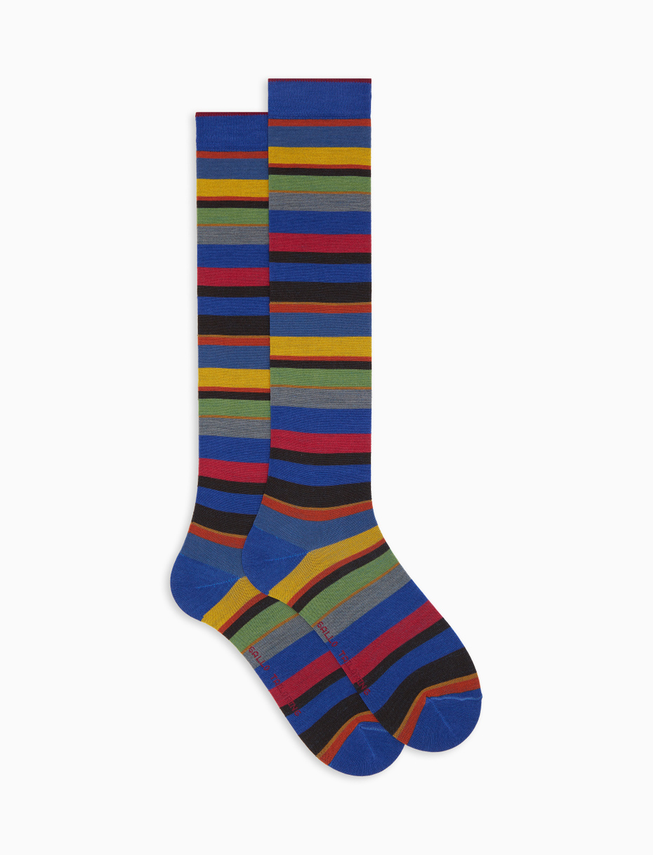 Men's long blue wool socks with multicoloured stripes - Gallo 1927 - Official Online Shop