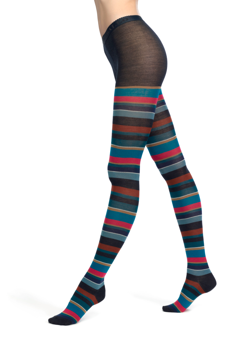 Women's heather blue wool tights with multicoloured stripes