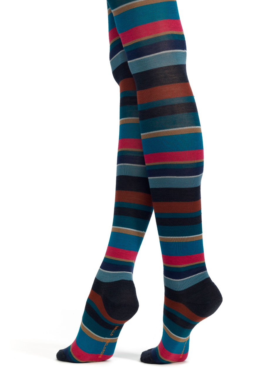 Women's heather blue wool tights with multicoloured stripes - Gallo 1927 - Official Online Shop