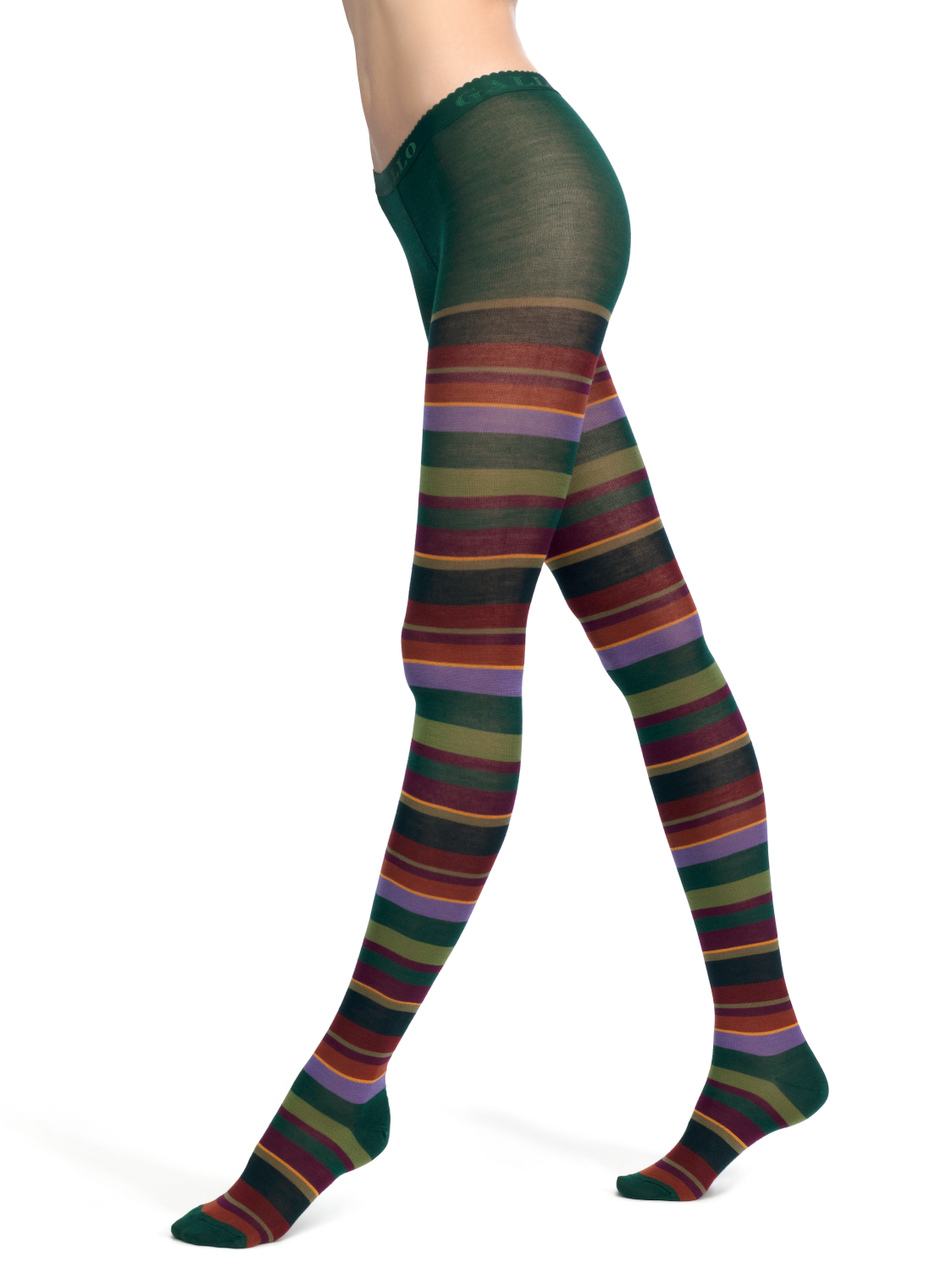 Women's loden green wool tights with multicoloured stripes