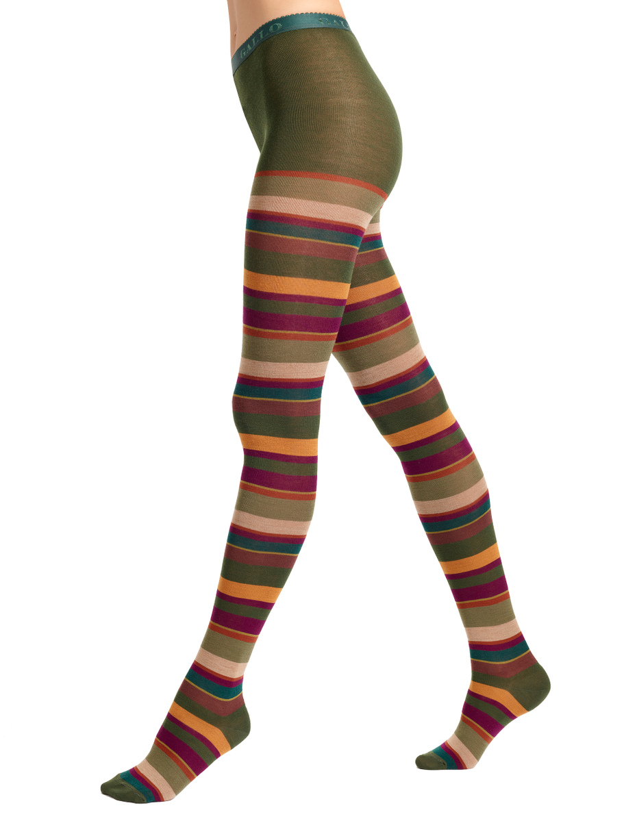 Women's green wool tights with multicoloured stripes - Gallo 1927 - Official Online Shop
