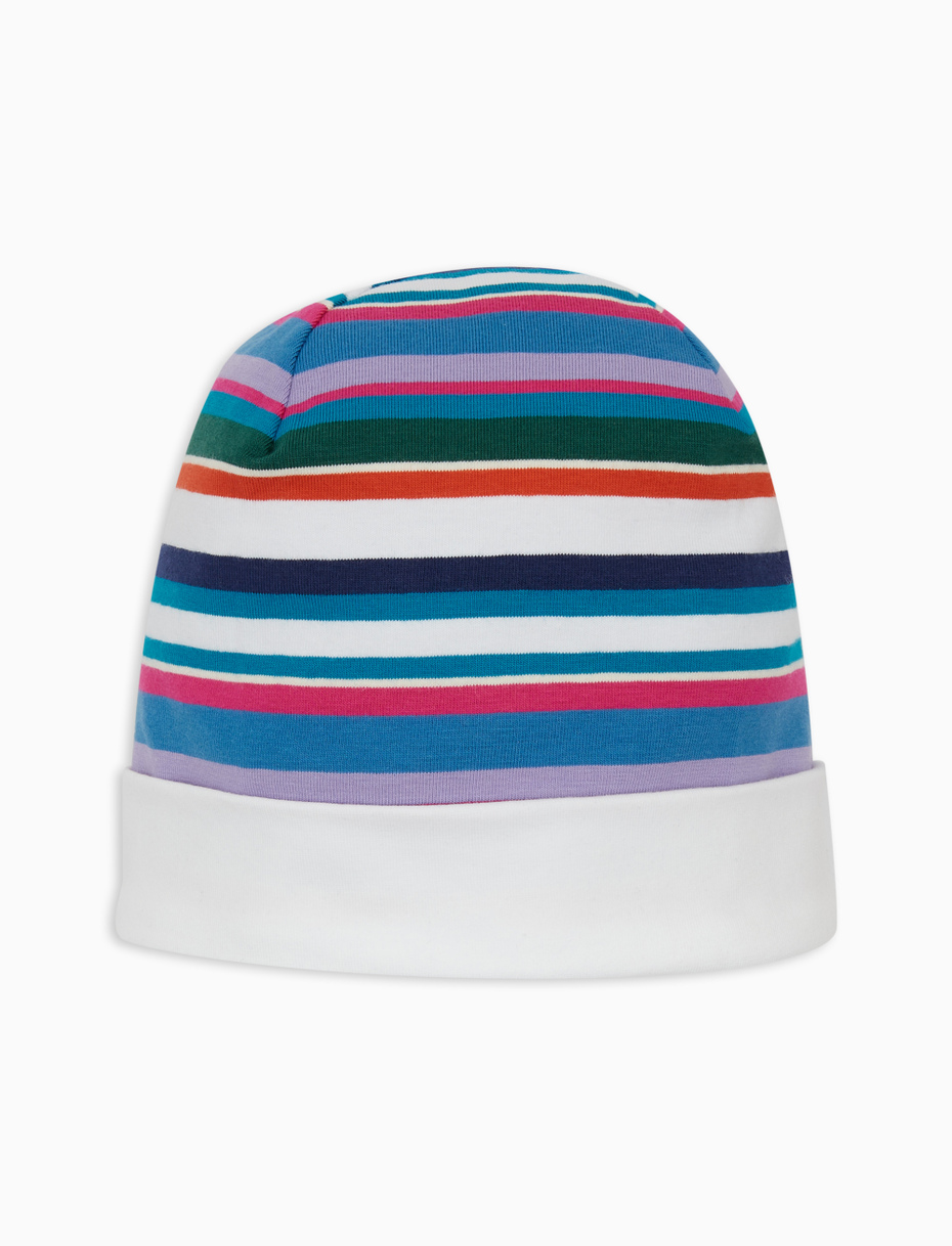 Kids' plain white cotton beanie with multicoloured stripes and cuff - Gallo 1927 - Official Online Shop