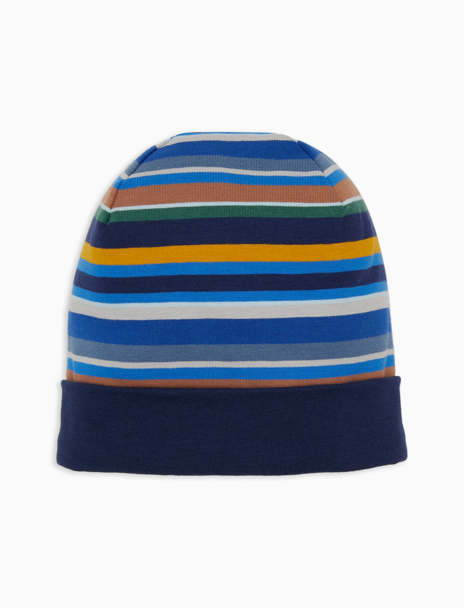Kids' plain blue cotton beanie with multicoloured stripes and cuff - Gallo 1927 - Official Online Shop