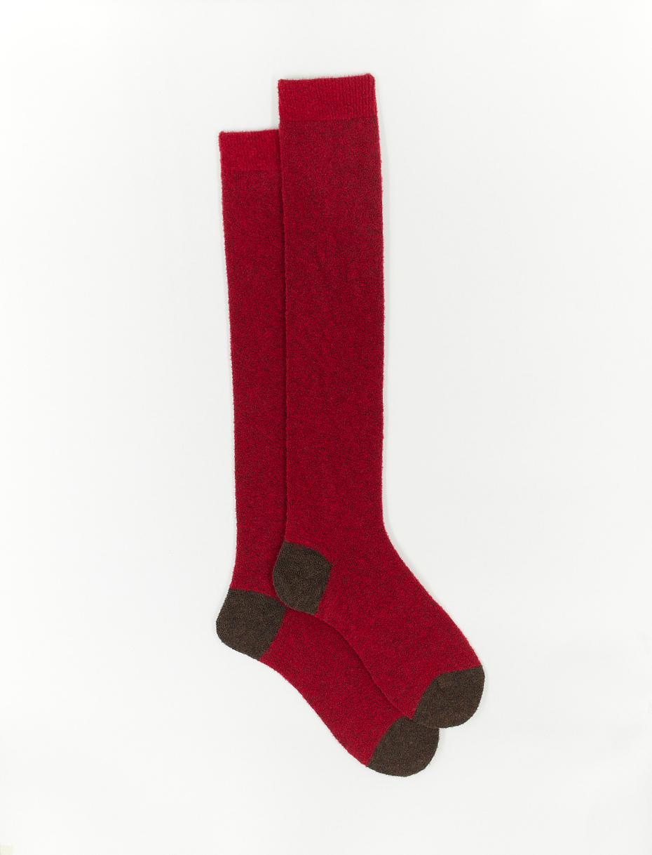 Men's long plain red bouclé wool socks with contrasting details - Gallo 1927 - Official Online Shop
