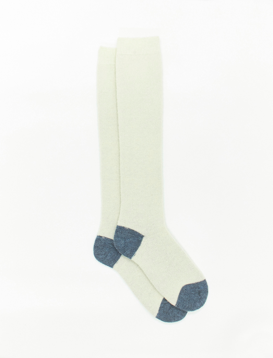 Women's long plain cream bouclé wool socks with contrasting details - Gallo 1927 - Official Online Shop