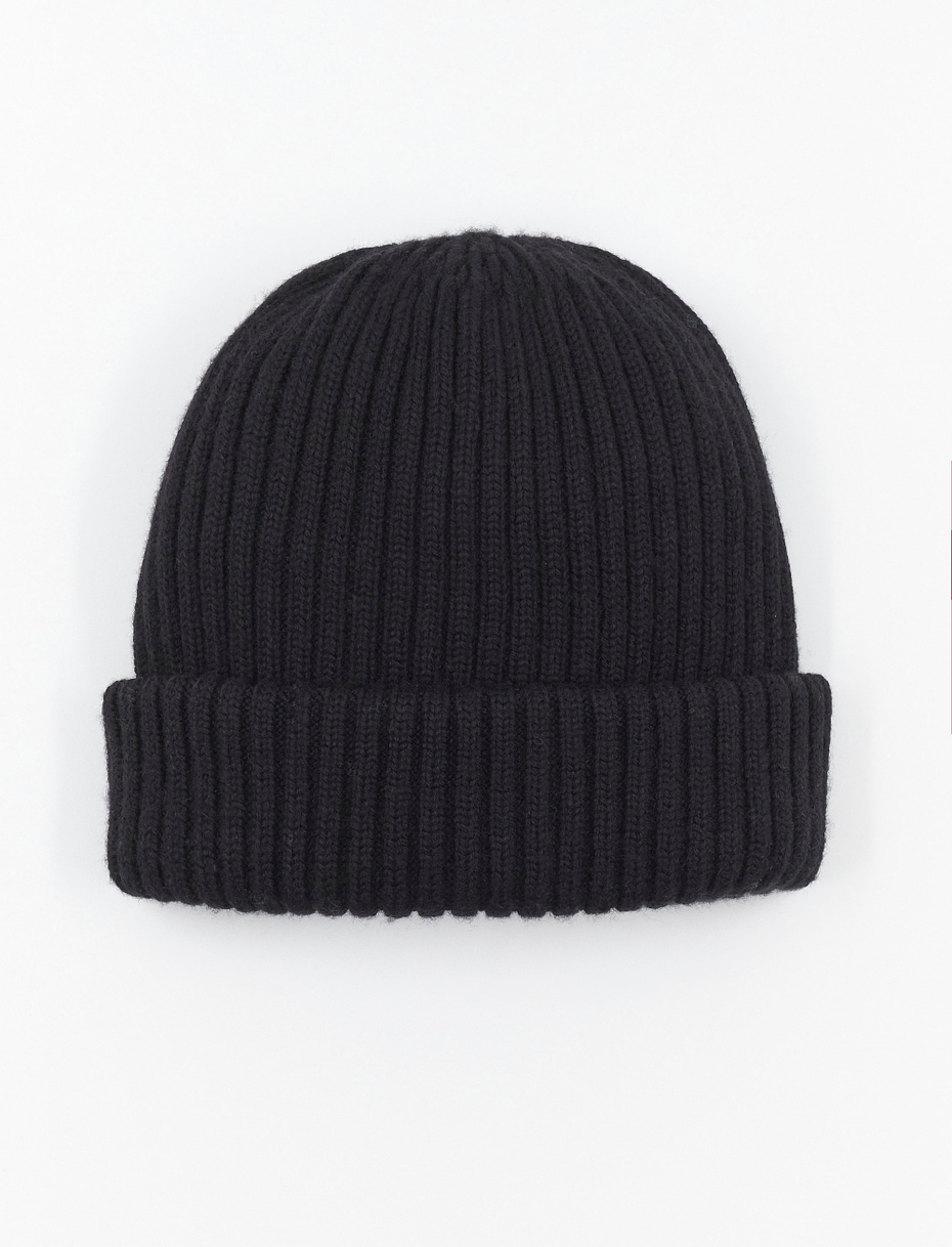 Unisex ribbed plain black beanie in wool, silk and cashmere - Gallo 1927 - Official Online Shop