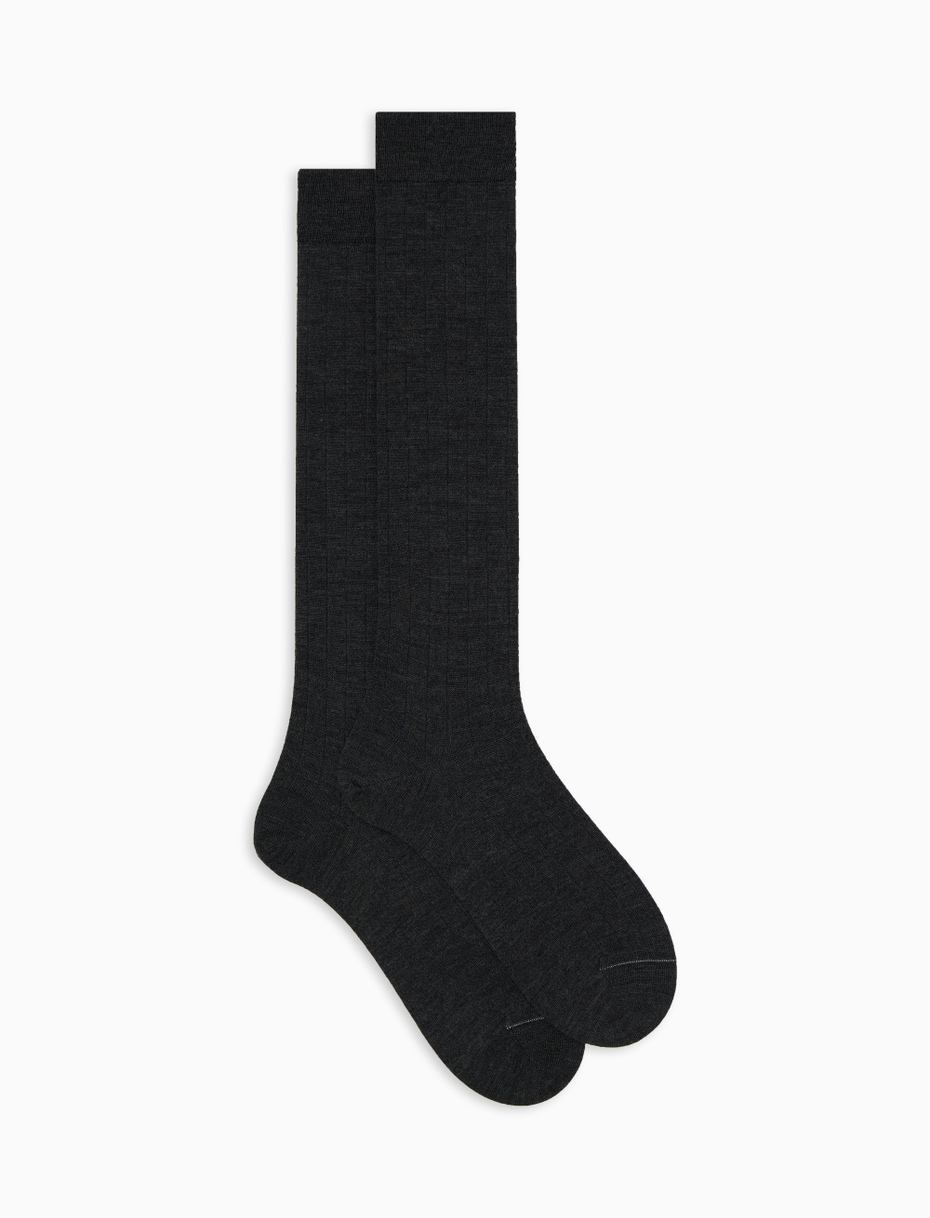Men's long ribbed plain charcoal grey socks in wool, silk and cashmere - Gallo 1927 - Official Online Shop