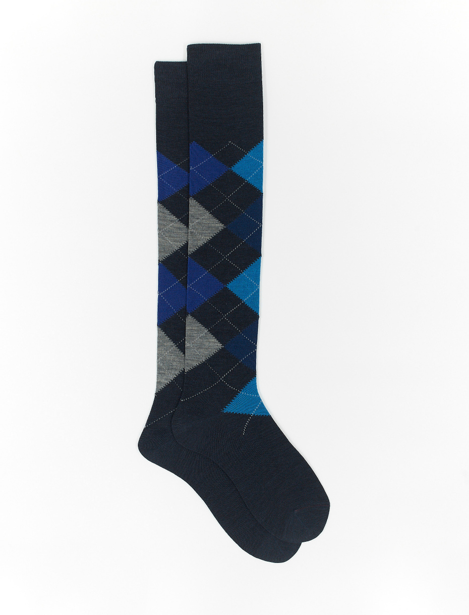 Men's long heather blue wool socks with inlay motif - Gallo 1927 - Official Online Shop