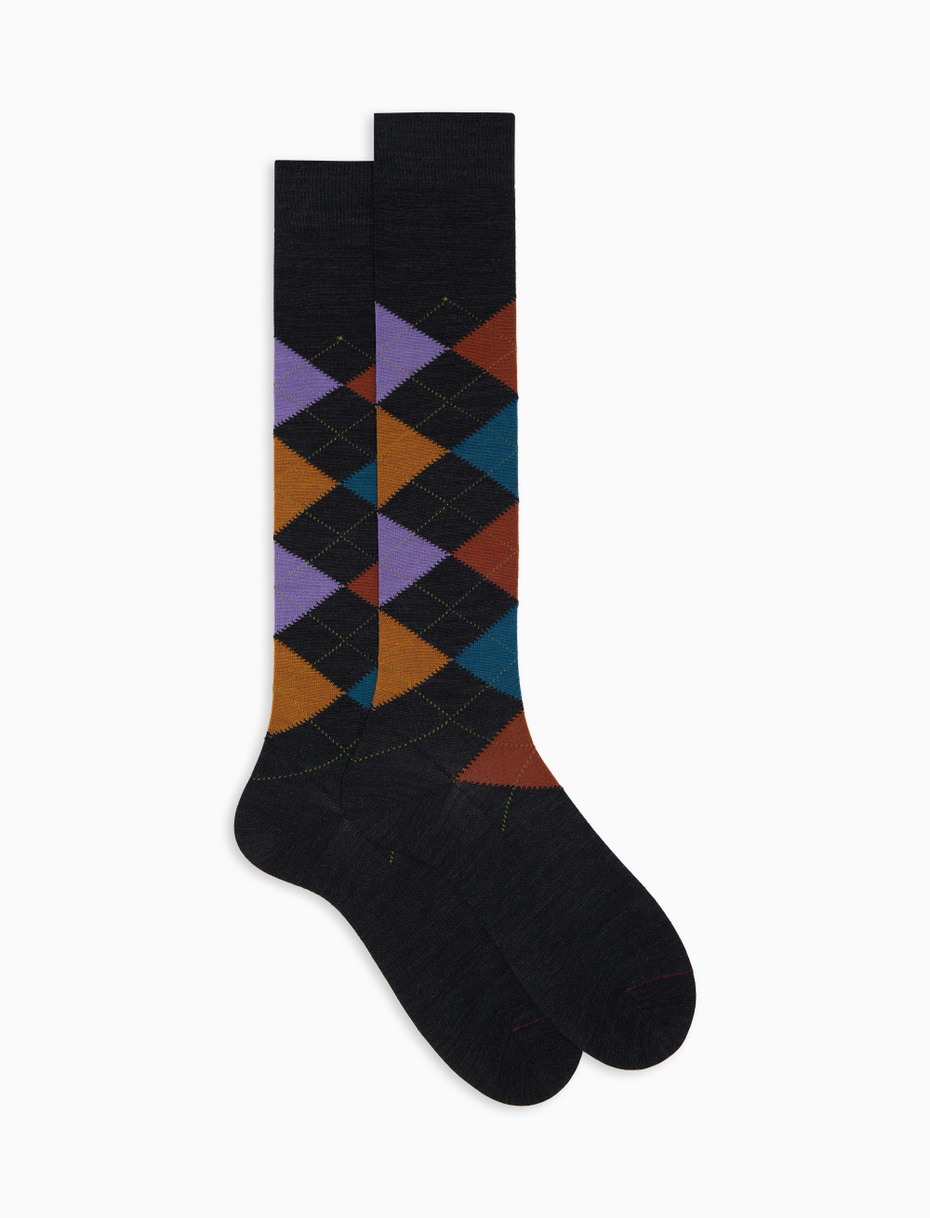 Men's long black wool socks with inlay motif - Gallo 1927 - Official Online Shop