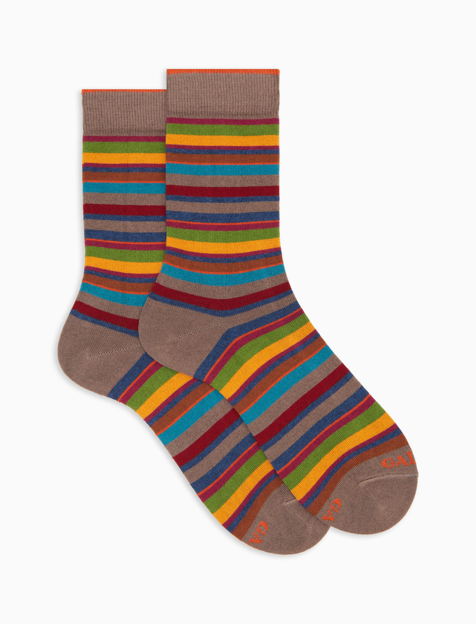 Women's short brown cotton and cashmere socks with multicoloured micro stripes - Gallo 1927 - Official Online Shop