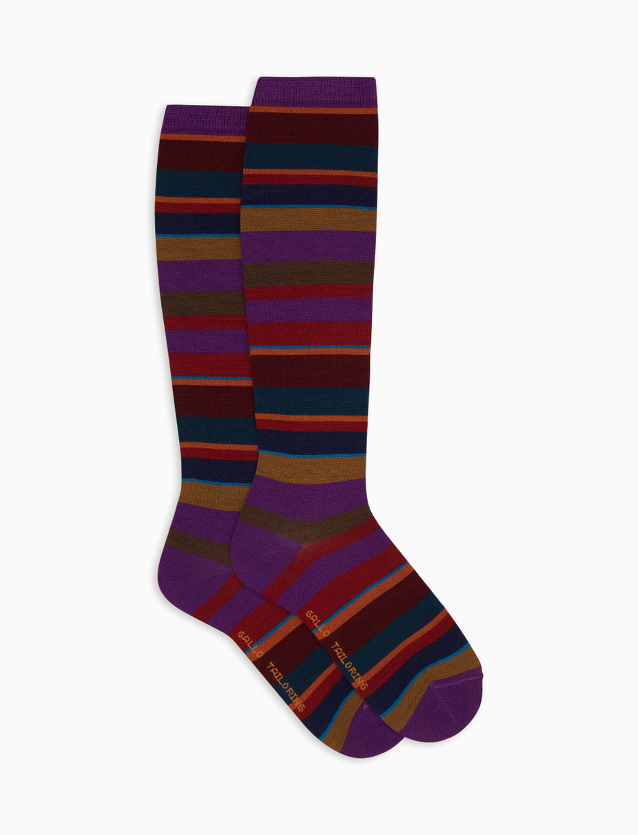Women's long purple wool socks with multicoloured stripes - Gallo 1927 - Official Online Shop