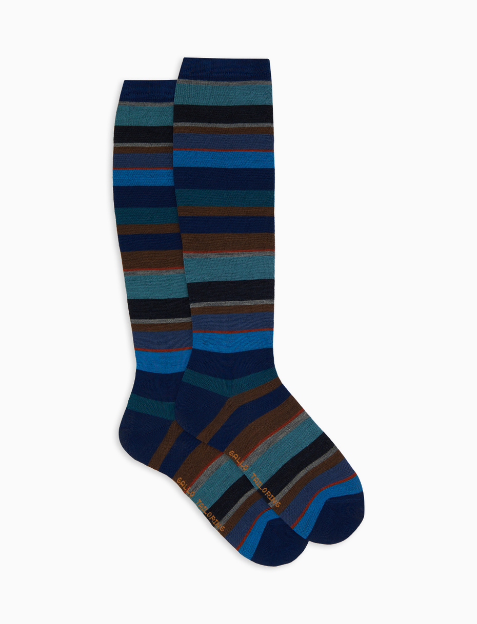 Women's long blue wool socks with multicoloured stripes - Gallo 1927 - Official Online Shop