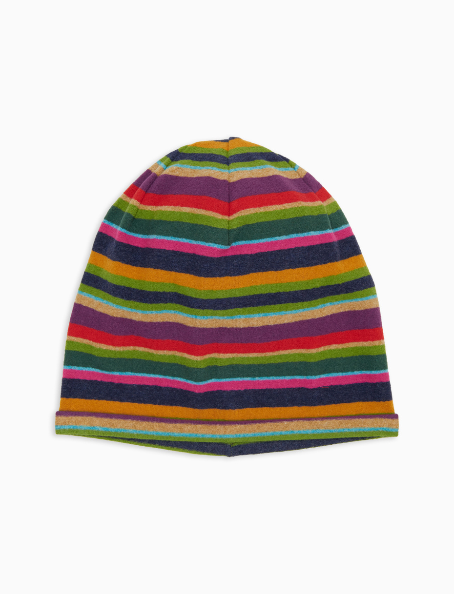 Unisex blue fleece beanie with multicoloured stripes - Gallo 1927 - Official Online Shop