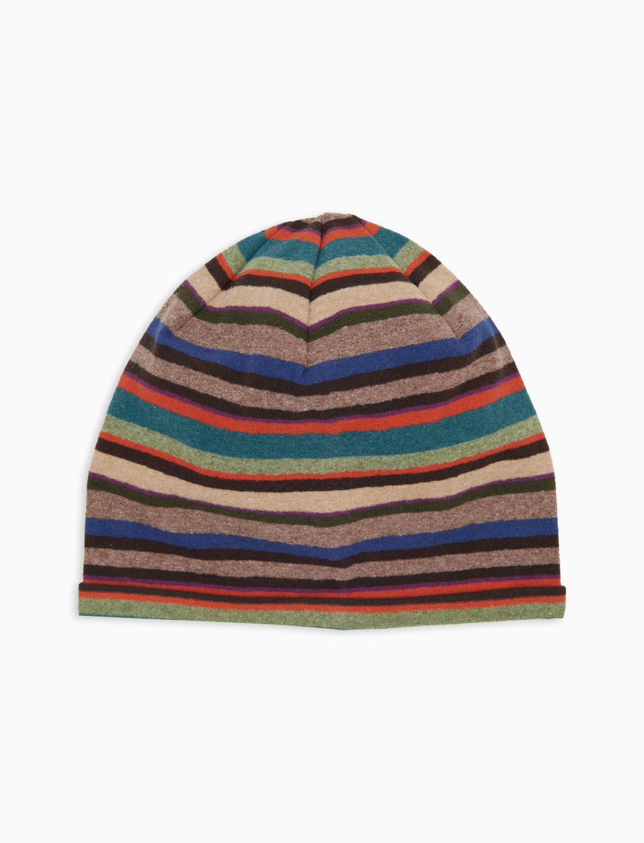 Unisex beige fleece beanie with multicoloured stripes - Gallo 1927 - Official Online Shop