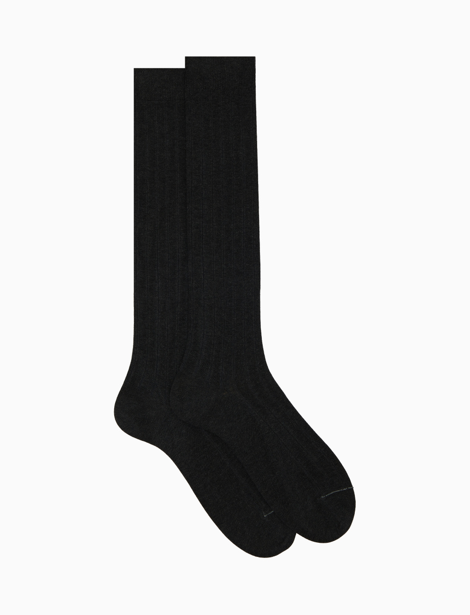 Men's long ribbed plain grey cotton socks - Gallo 1927 - Official Online Shop
