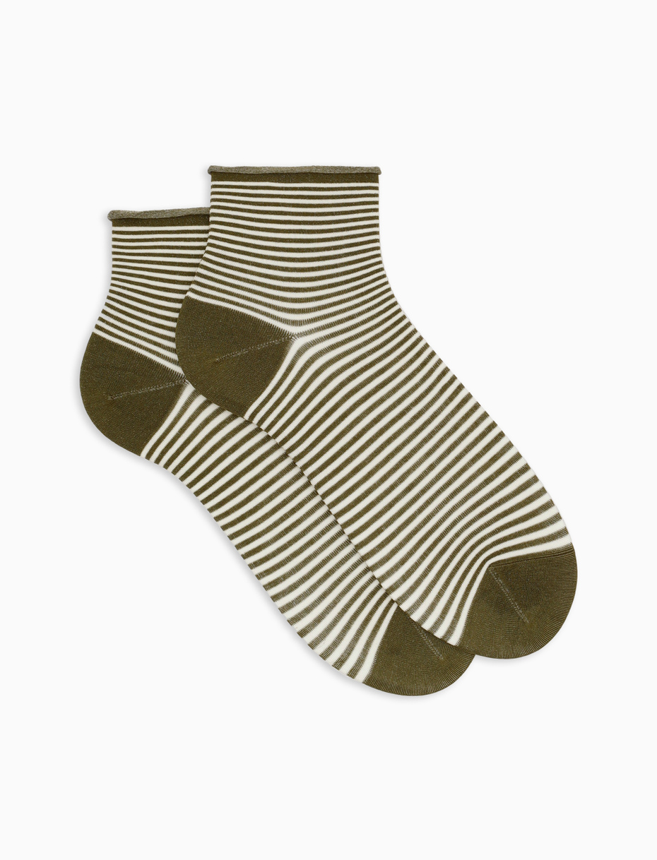Women's super short cotton socks with Windsor stripes and rolled green cuff - Gallo 1927 - Official Online Shop