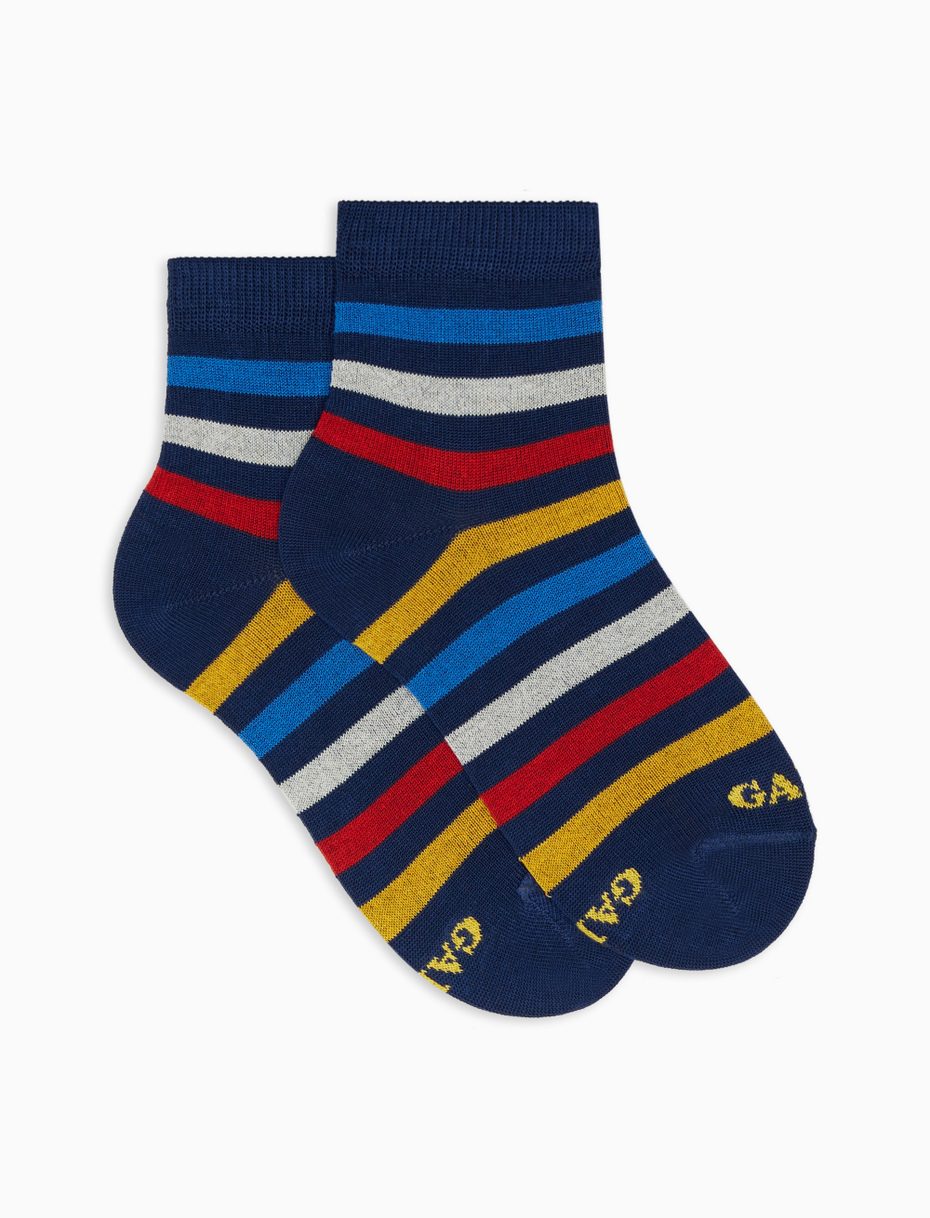 Kids' super short royal blue light cotton socks with even stripes - Gallo 1927 - Official Online Shop