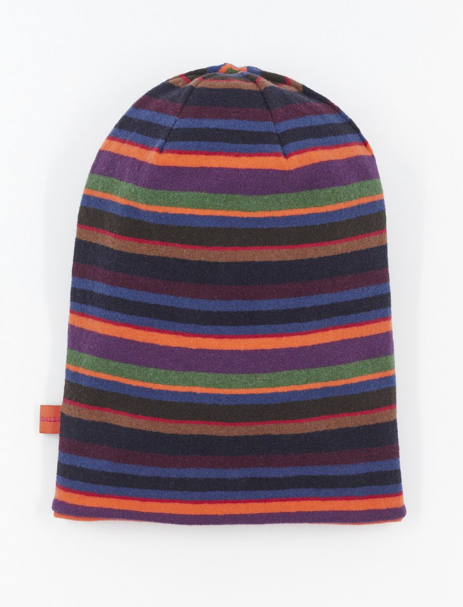 Kids' long royal blue reversible fleece beanie with multicoloured stripes - Gallo 1927 - Official Online Shop