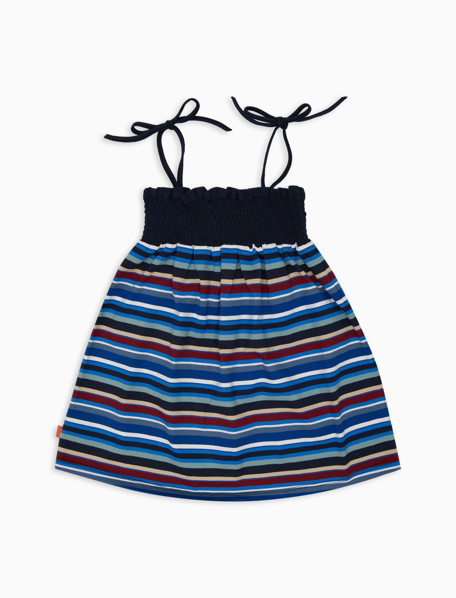 Girls' royal blue tie strap cotton dress with multicoloured stripes - Gallo 1927 - Official Online Shop
