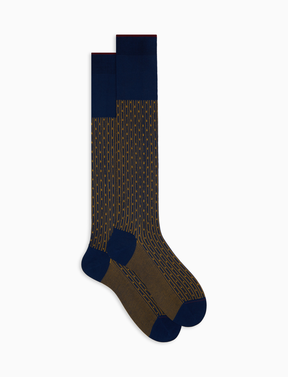 Men's long blue cotton socks with lily motif - Gallo 1927 - Official Online Shop