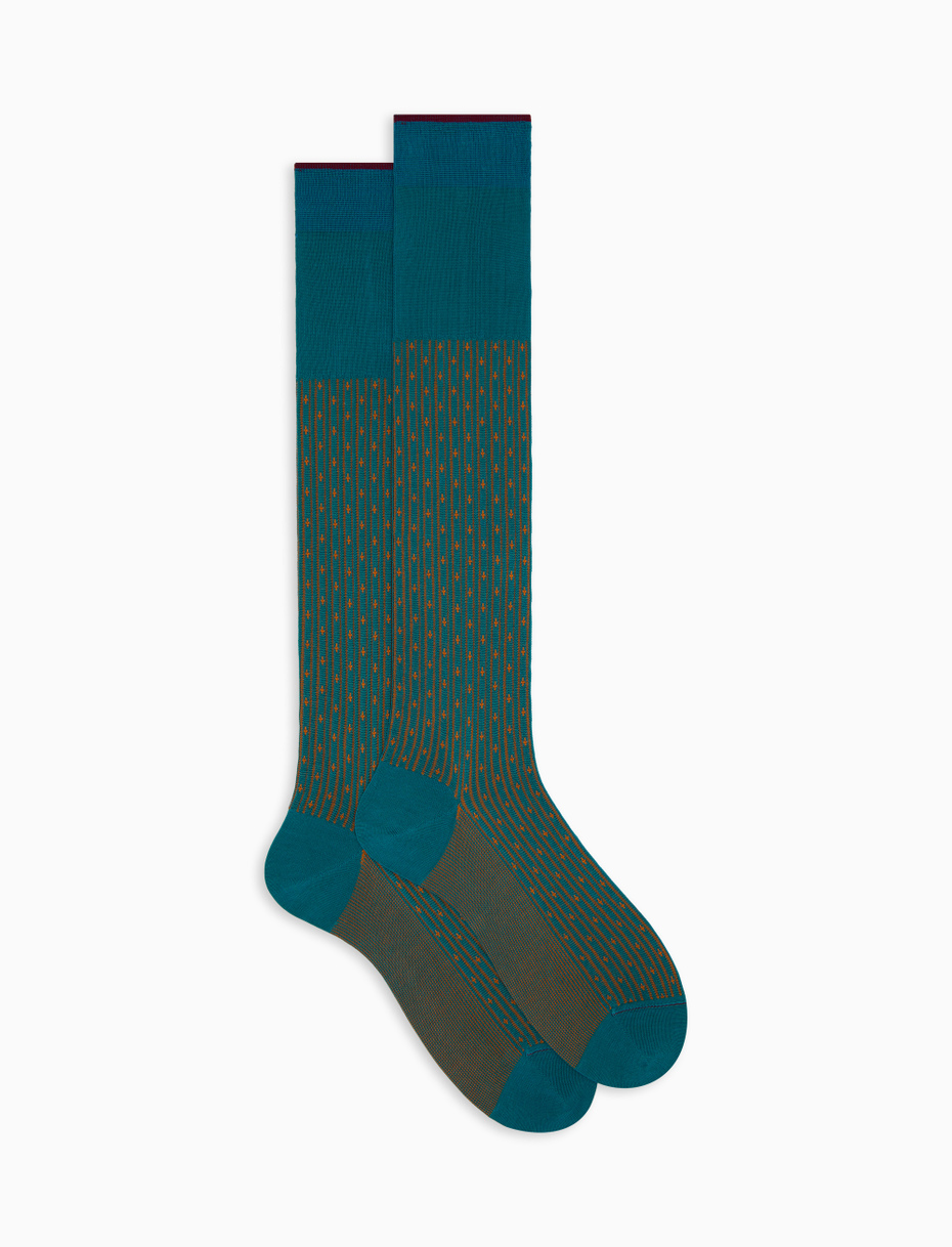 Men's long light blue cotton socks with lily motif - Gallo 1927 - Official Online Shop