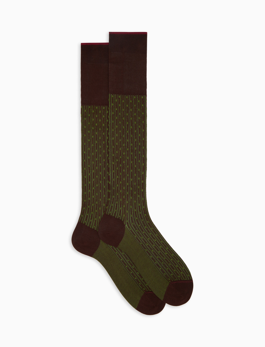 Men's long brown cotton socks with lily motif - Gallo 1927 - Official Online Shop