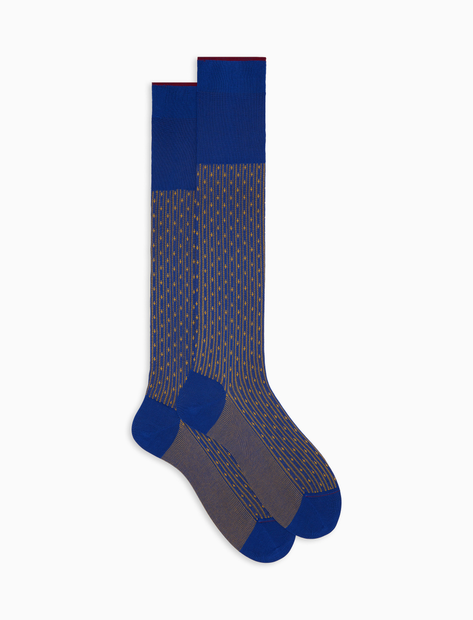 Men's long blue cotton socks with lily motif - Gallo 1927 - Official Online Shop