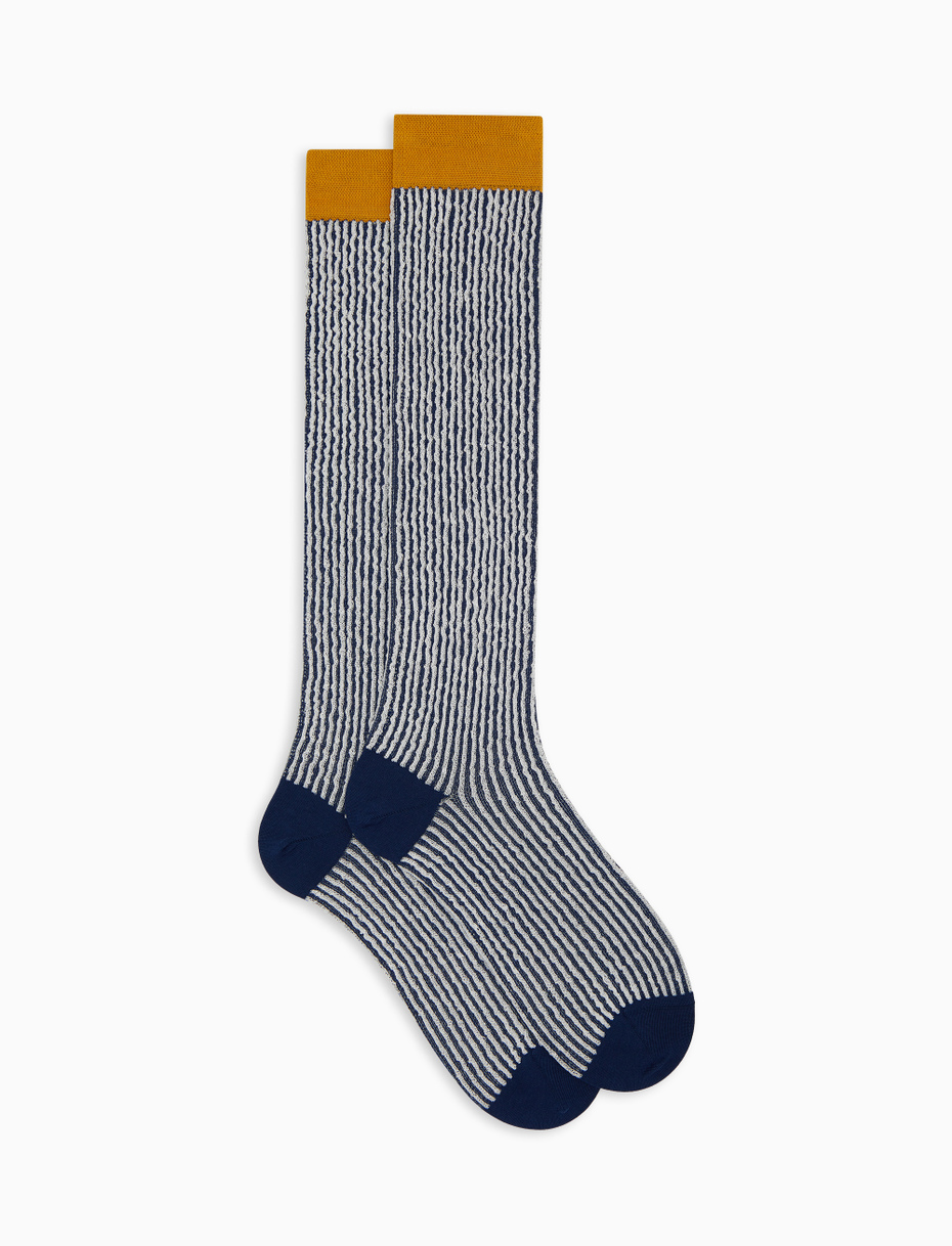 Men's long blue cotton socks with seersucker motif - Gallo 1927 - Official Online Shop