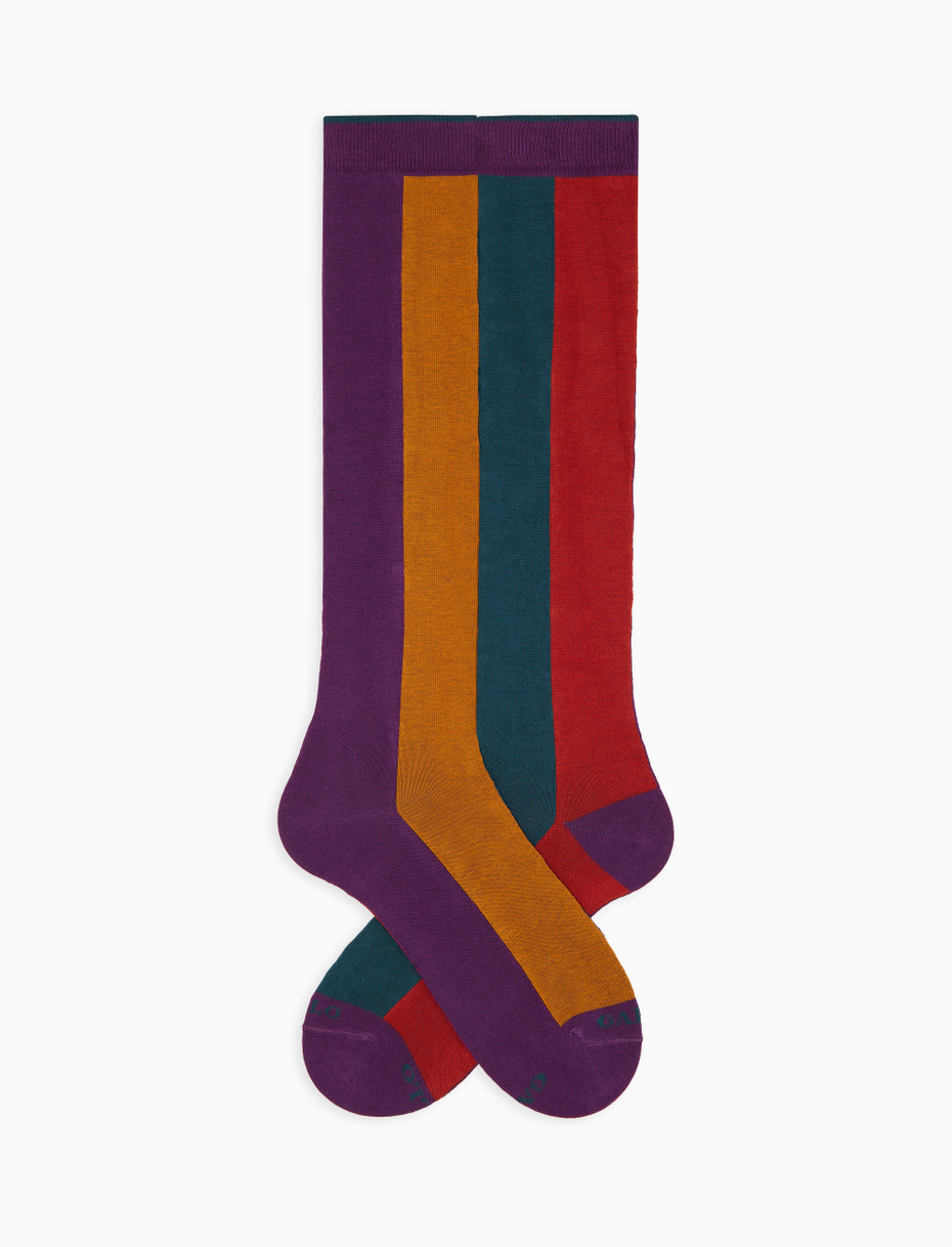 Women's long socks in purple cotton with vertical stripes in four colors - Gallo 1927 - Official Online Shop