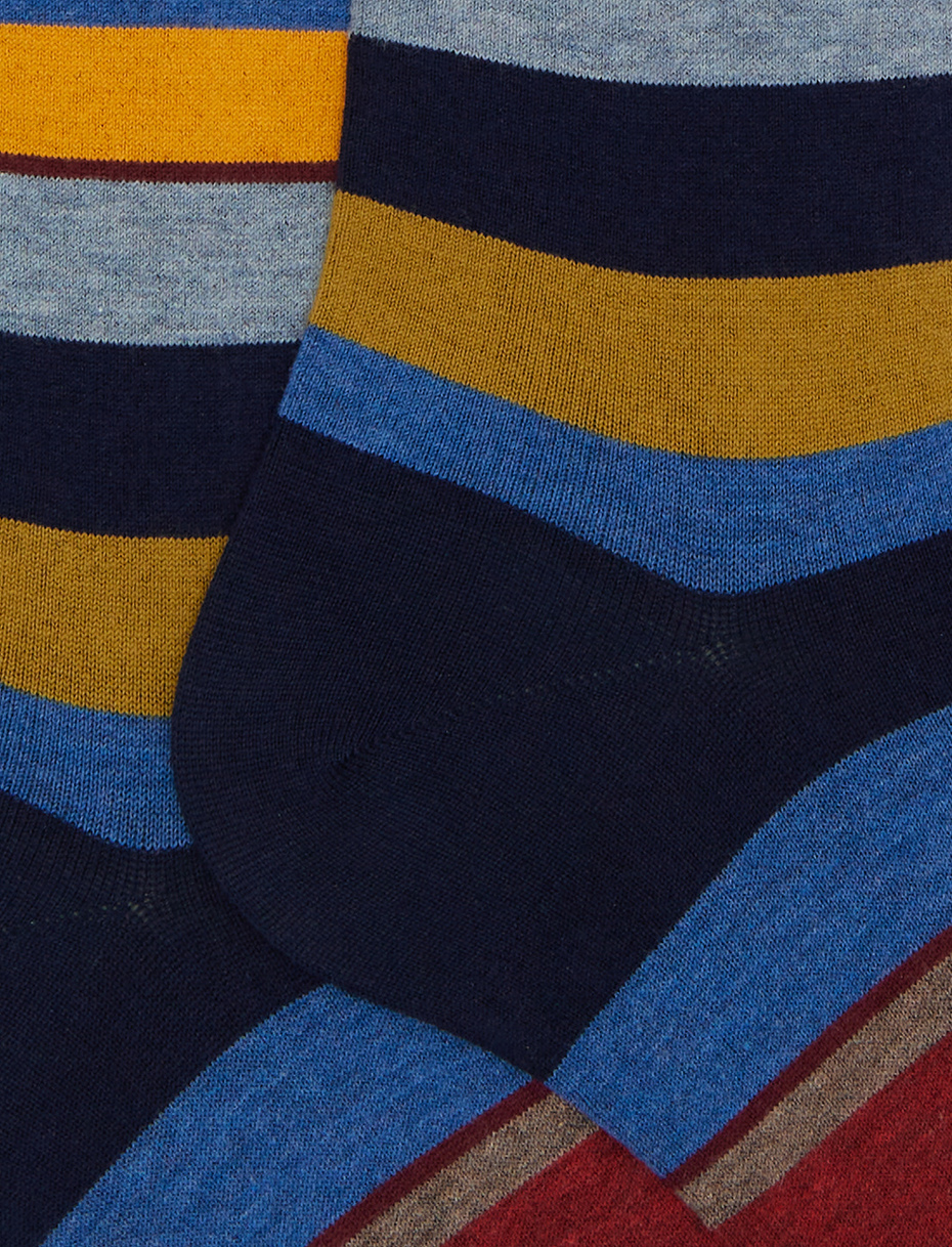 Men's long blue cotton socks with multicoloured stripes - Gallo 1927 - Official Online Shop