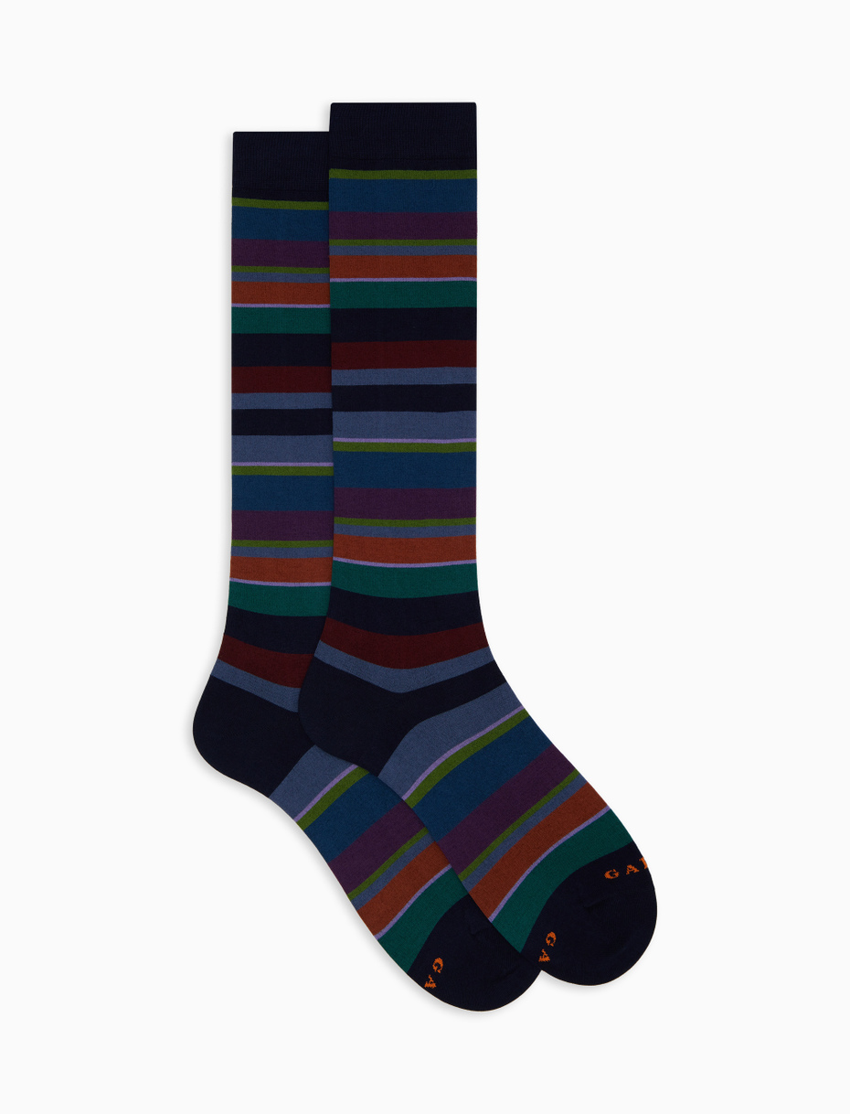 Men's long blue cotton socks with multicoloured stripes - Gallo 1927 - Official Online Shop