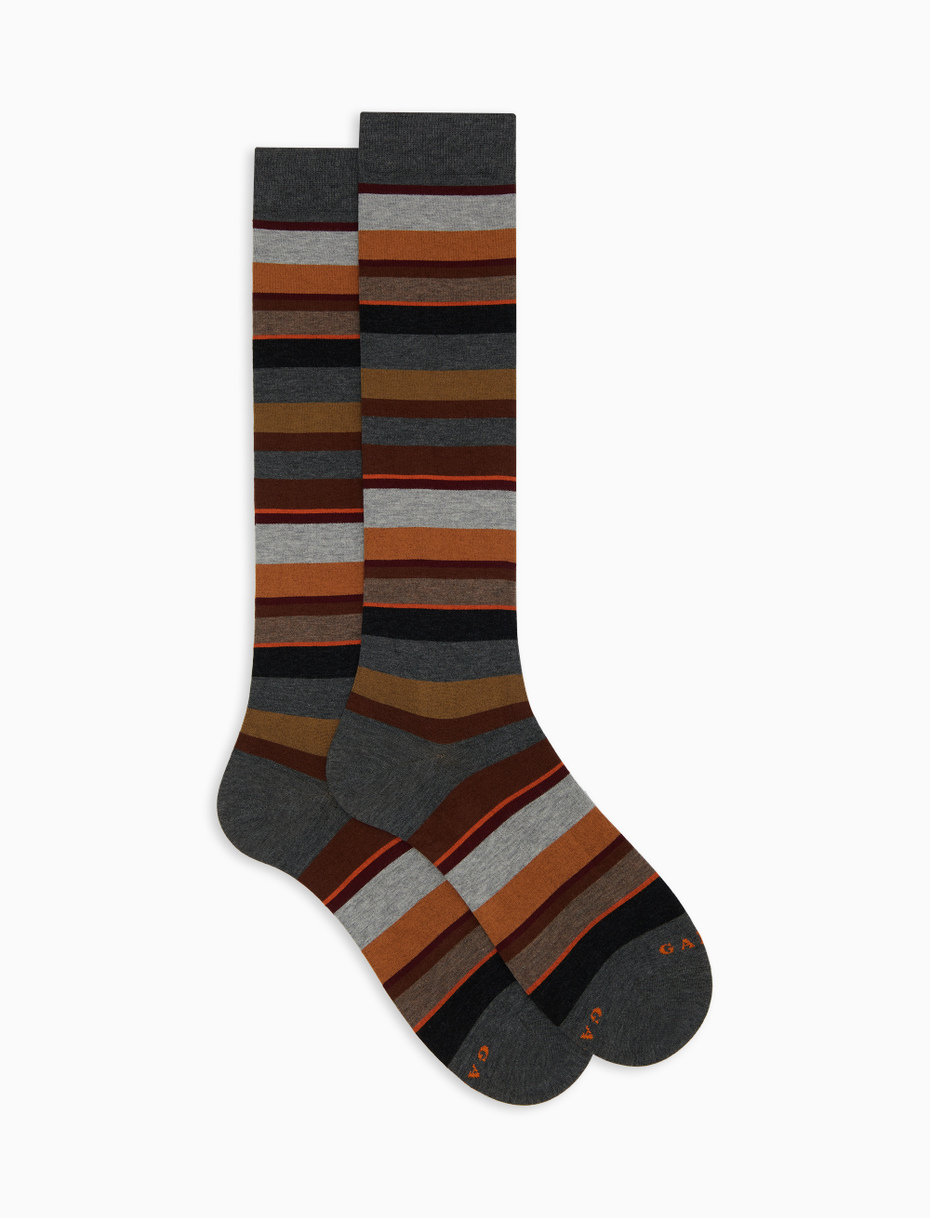 Men's long grey cotton socks with multicoloured stripes - Gallo 1927 - Official Online Shop