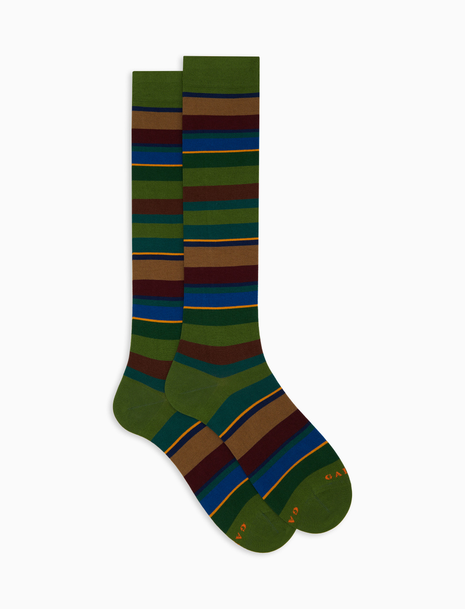 Men's long green cotton socks with multicoloured stripes - Gallo 1927 - Official Online Shop