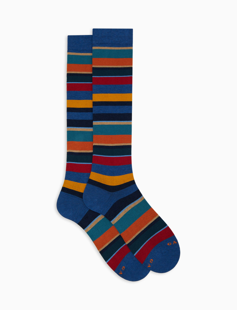 Men's long blue cotton socks with multicoloured stripes - Gallo 1927 - Official Online Shop