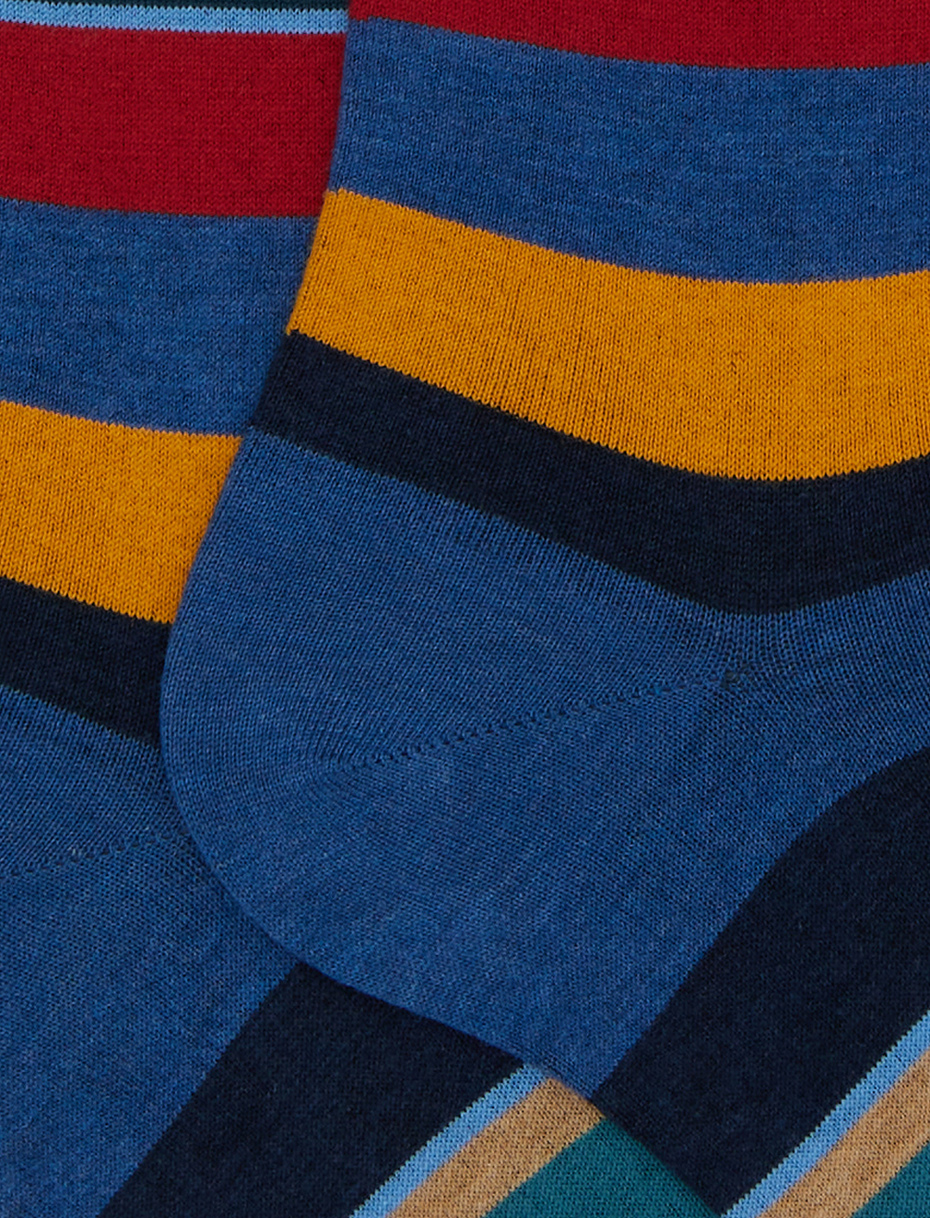 Men's long blue cotton socks with multicoloured stripes - Gallo 1927 - Official Online Shop