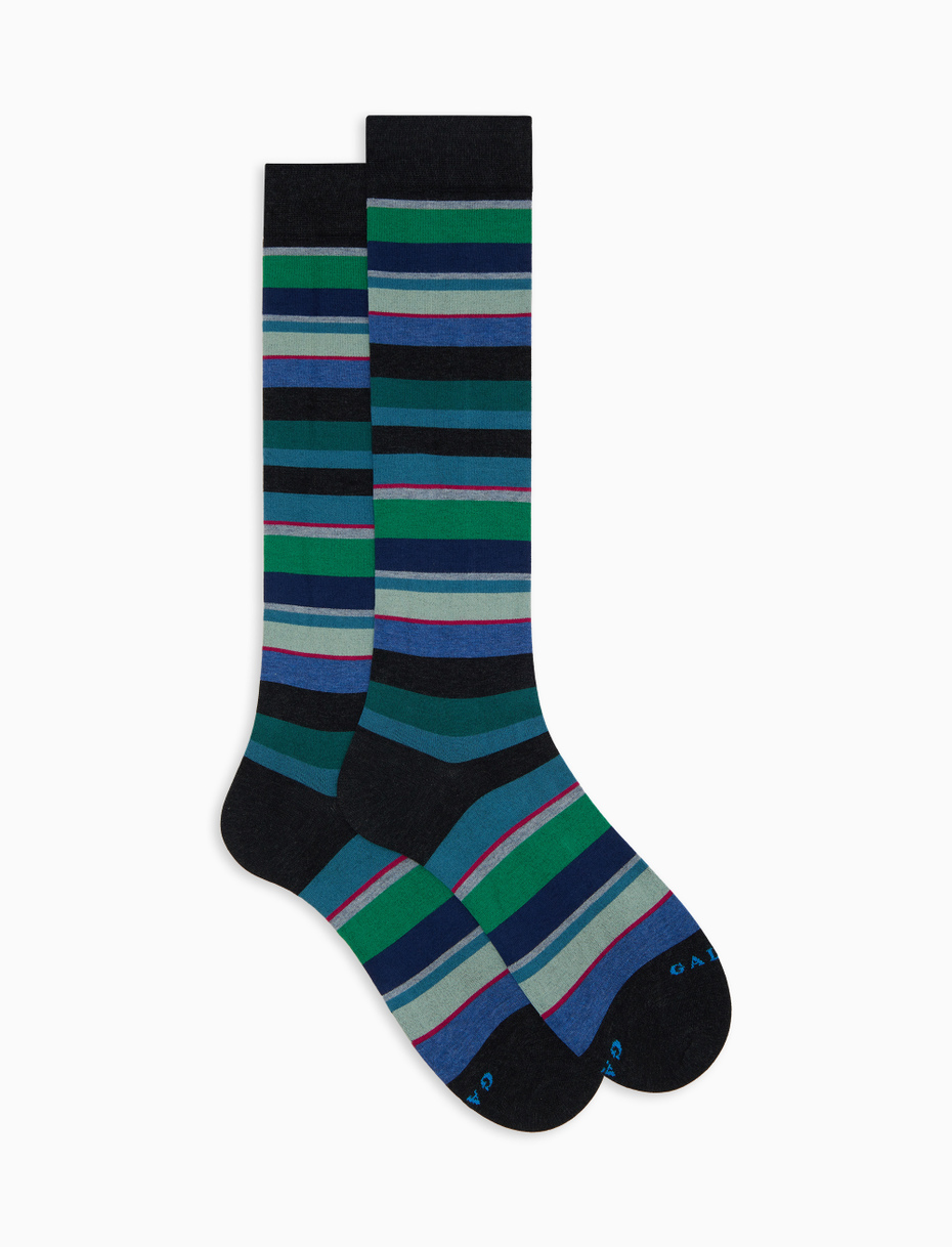 Men's long green cotton socks with multicoloured stripes - Gallo 1927 - Official Online Shop