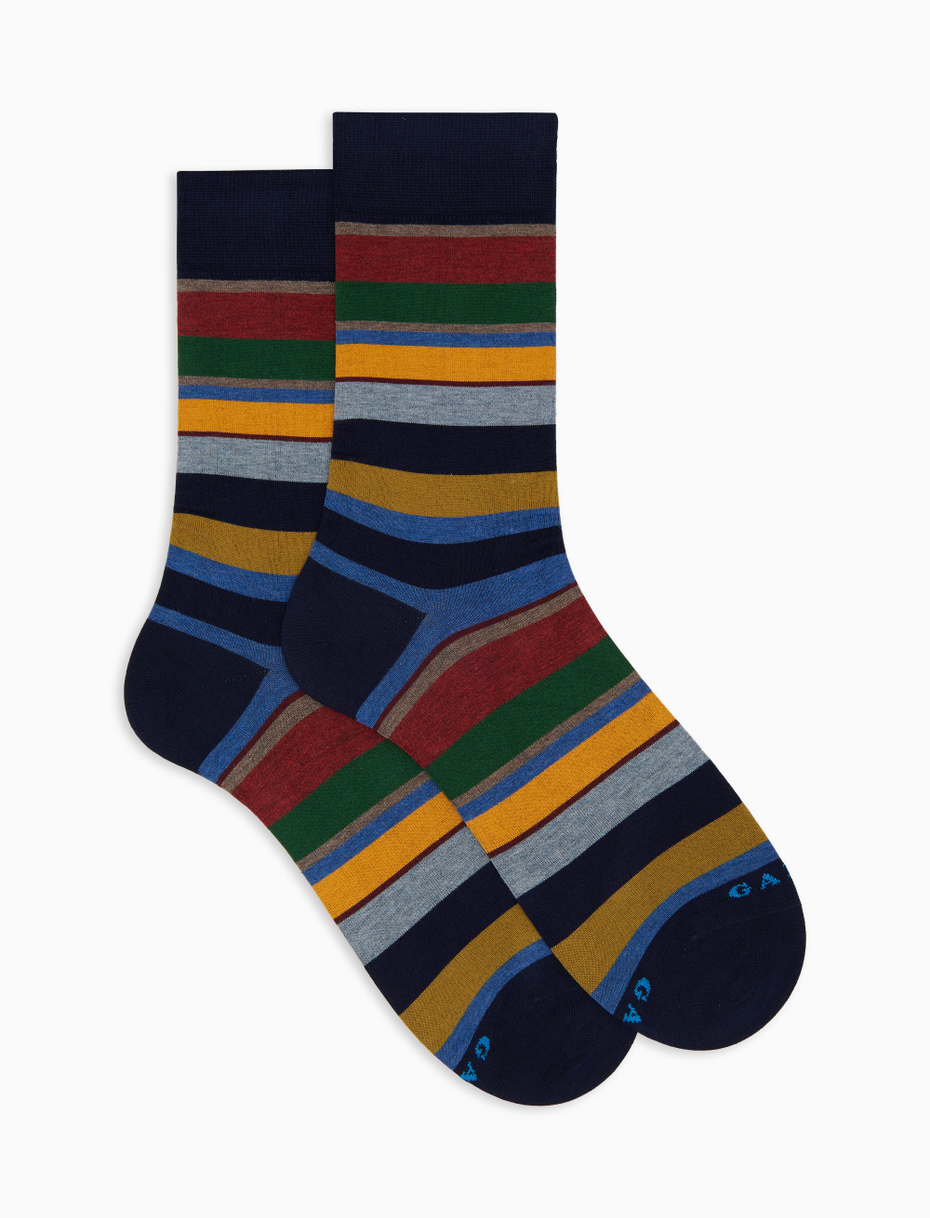 Men's short blue cotton socks with multicoloured stripes - Gallo 1927 - Official Online Shop