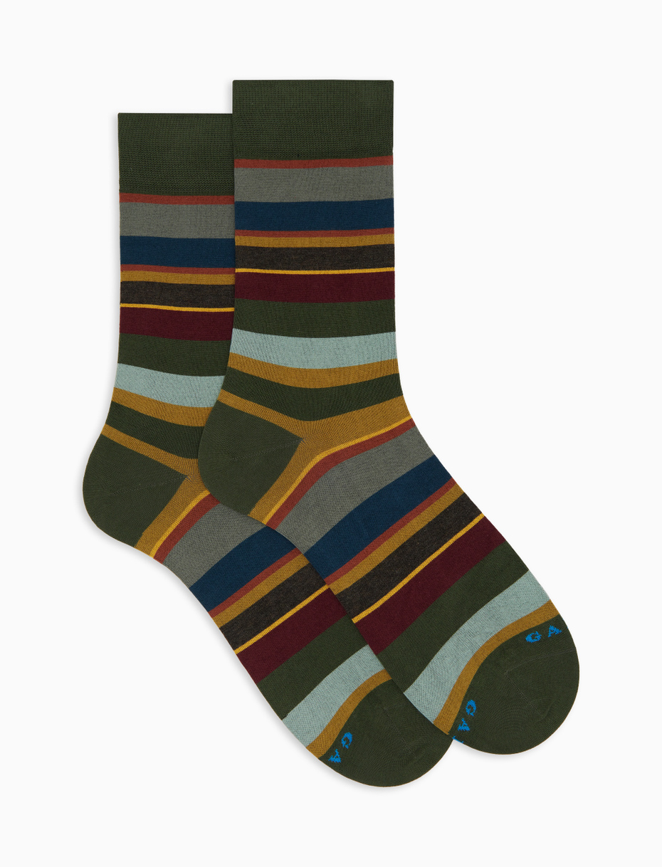 Men's short green cotton socks with multicoloured stripes - Gallo 1927 - Official Online Shop