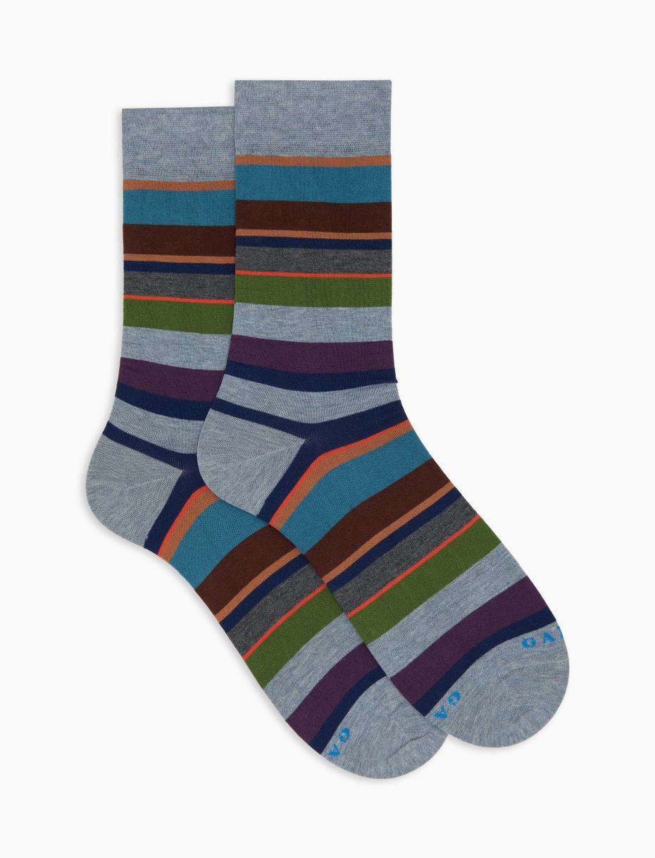 Men's short light blue cotton socks with multicoloured stripes - Gallo 1927 - Official Online Shop