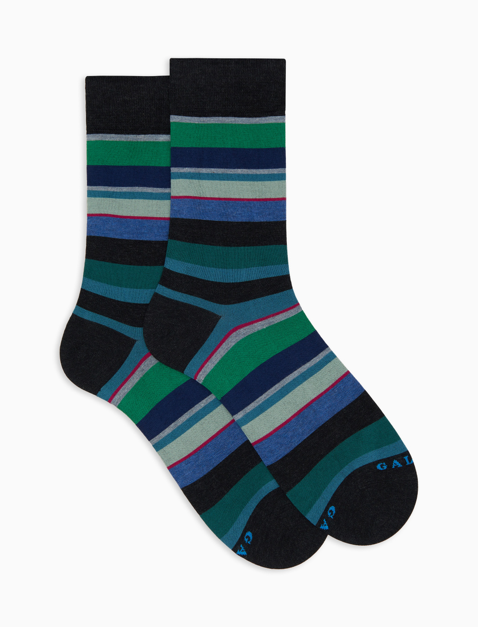 Men's short green cotton socks with multicoloured stripes - Gallo 1927 - Official Online Shop