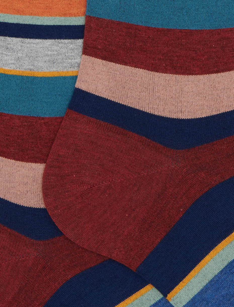 Women's long burgundy cotton socks with multicoloured stripes - Gallo 1927 - Official Online Shop