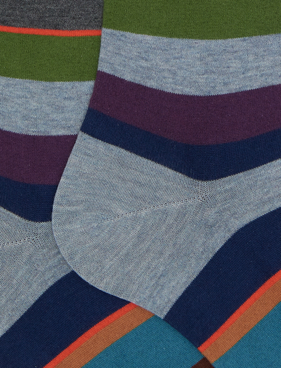 Women's long light blue cotton socks with multicoloured stripes - Gallo 1927 - Official Online Shop