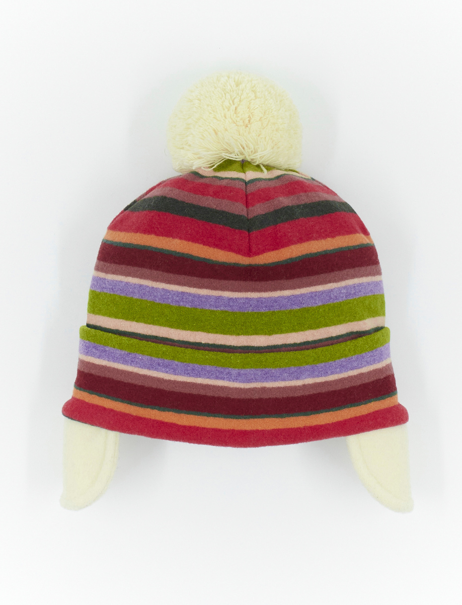 Kids' carmine red fleece aviator hat with cuff and multicoloured stripes - Gallo 1927 - Official Online Shop