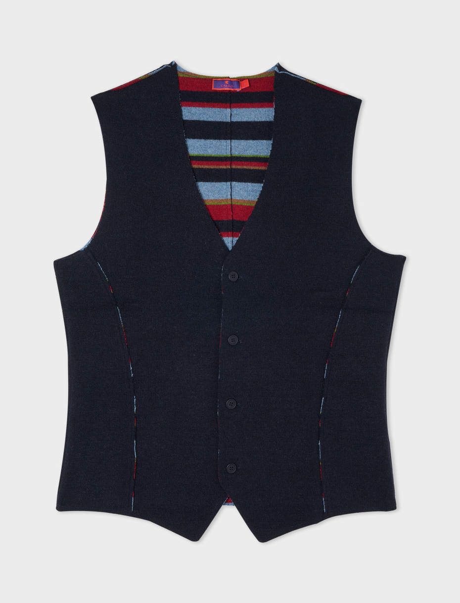 Men's reversible plain blue/multicolour wool vest - Gallo 1927 - Official Online Shop