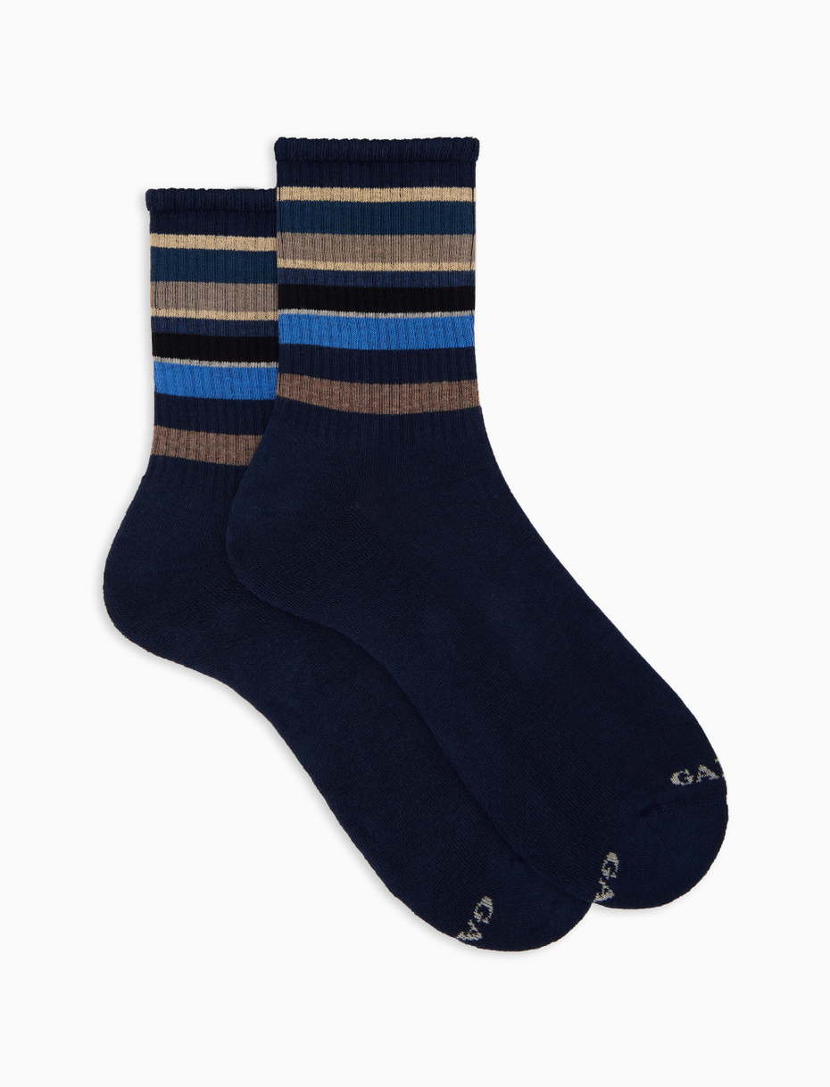 Calze corte uomo spugna di cotone blu e fascia righe multicolor - Gallo 1927 - Official Online Shop