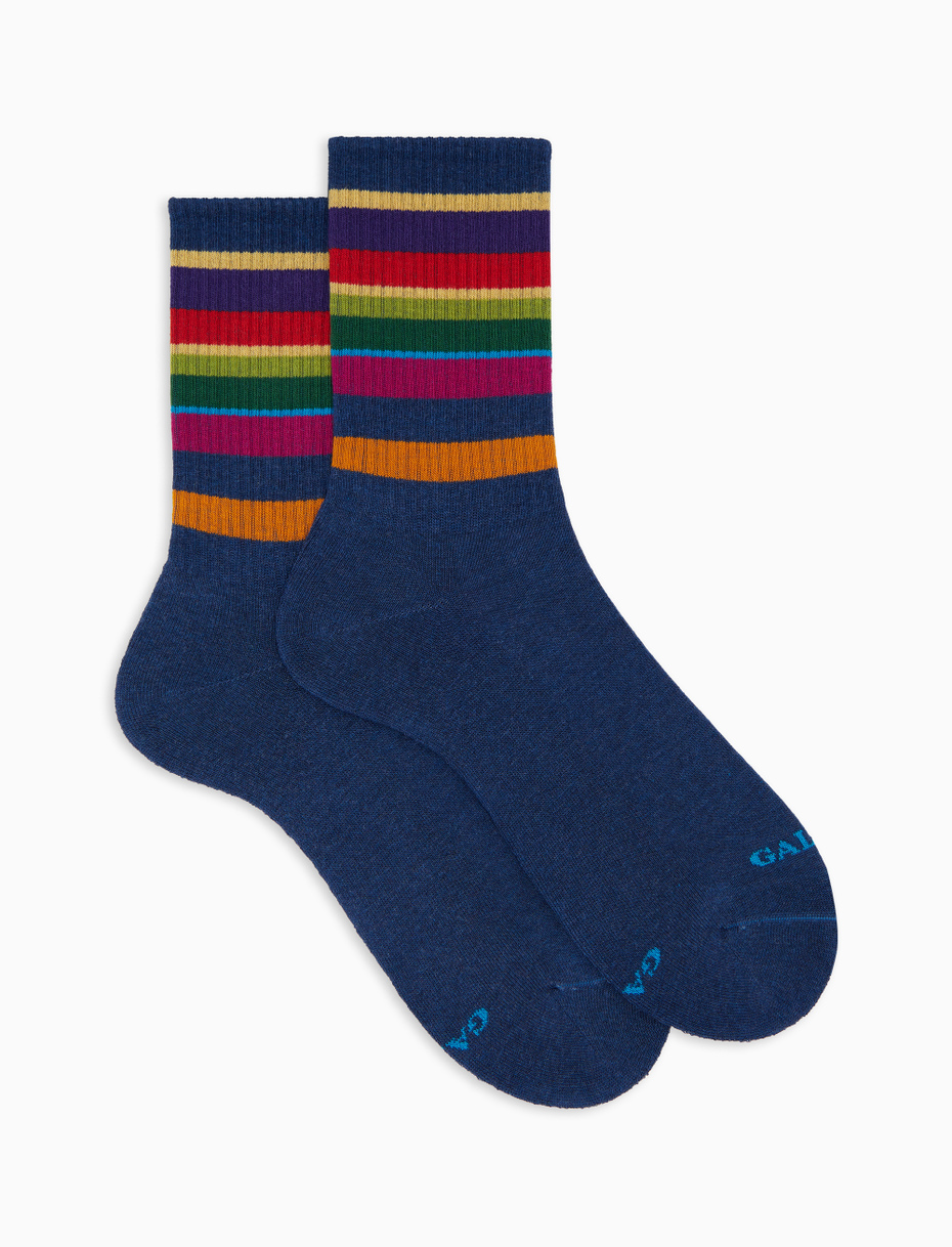 Men's short socks in blue cotton terry cloth with multicoloured stripes - Gallo 1927 - Official Online Shop