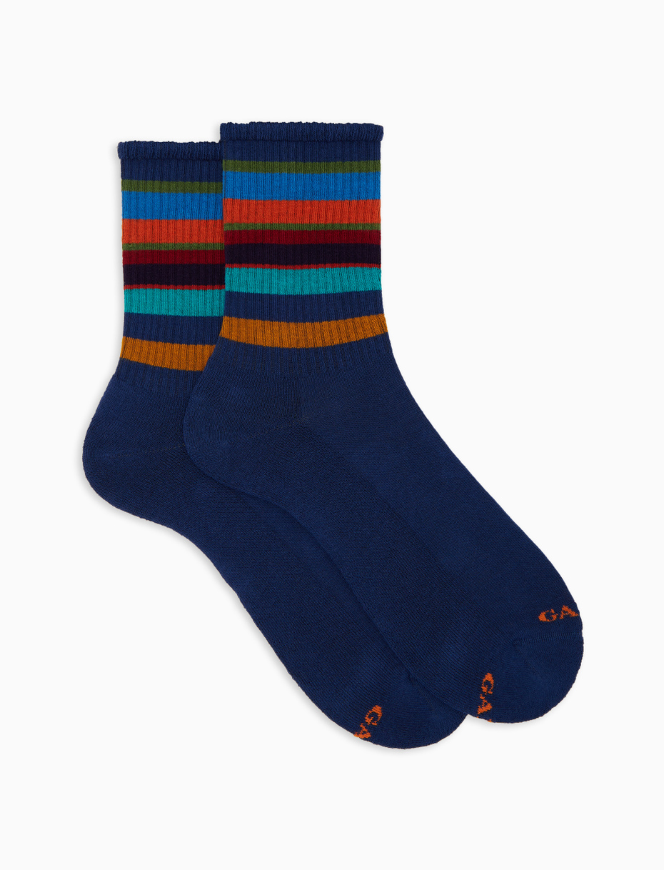 Calze corte uomo spugna di cotone blu e fascia righe multicolor - Gallo 1927 - Official Online Shop