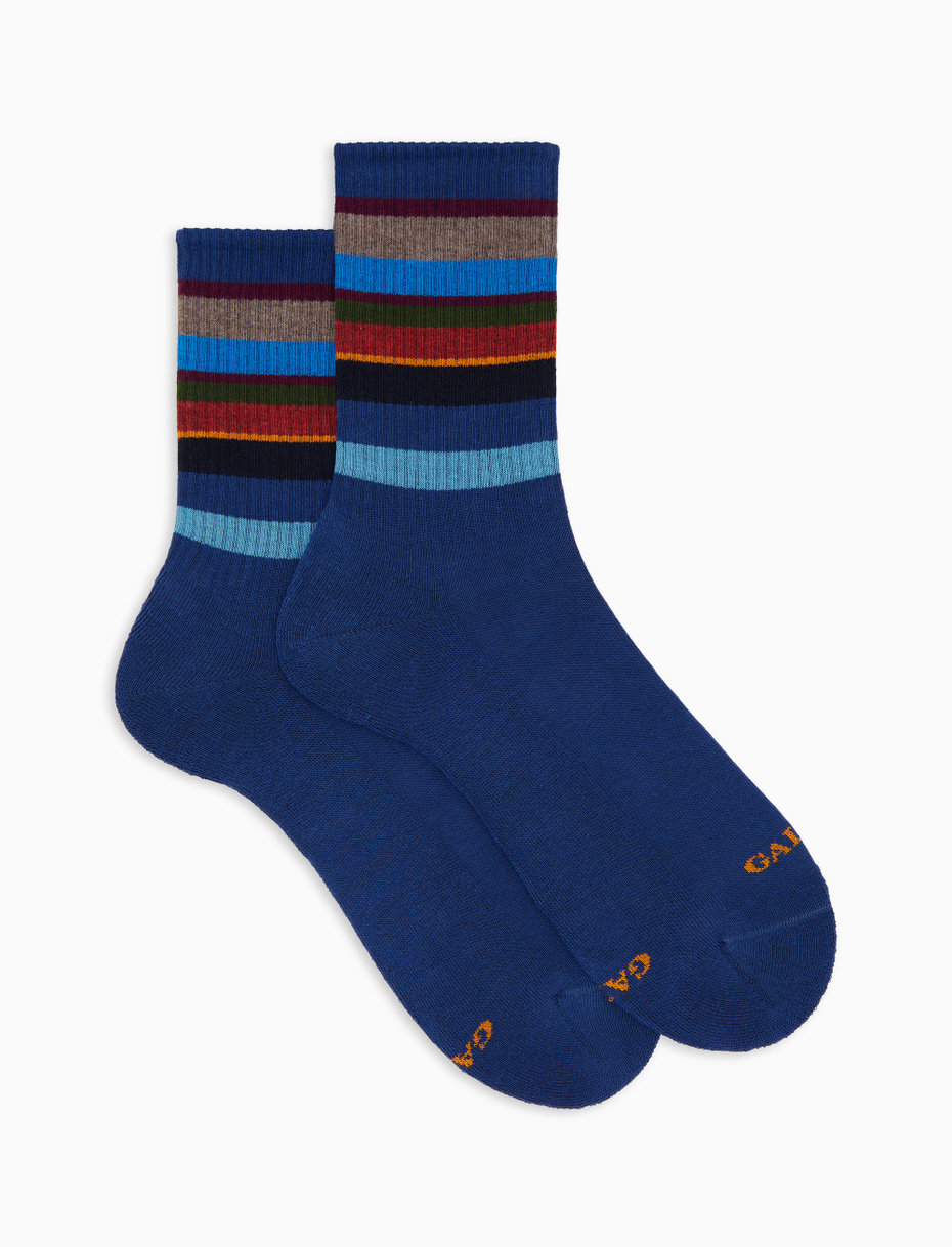 Men's short socks in blue cotton terry cloth with multicoloured stripes - Gallo 1927 - Official Online Shop