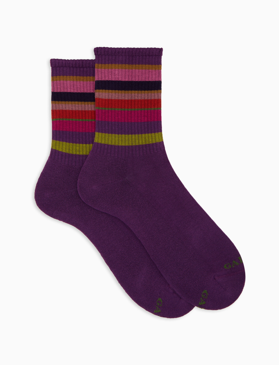 Calze corte donna spugna di cotone viola e fascia righe multicolor - Gallo 1927 - Official Online Shop